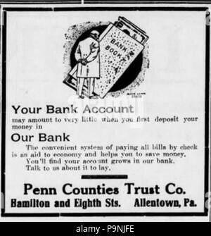 34 1915 - Penn Grafschaften Treuhandgesellschaft Zeitung Anzeige Allentown PA Stockfoto