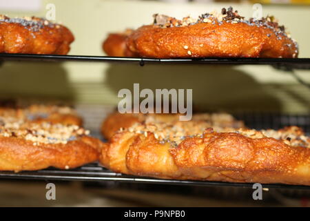 Hausgemachte Bagels mit Sesam, Mohn, Kürbis und Sonnenblumenkernen Stockfoto