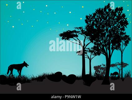 Silhouette von Dingo und Känguruh mit blauem Himmel und Sterne in Australien Stock Vektor