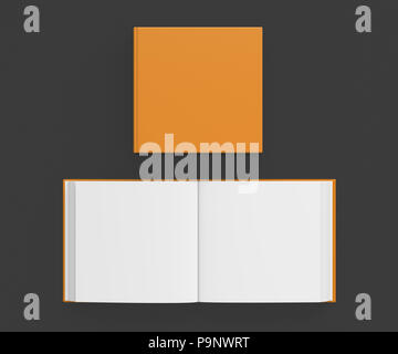 Offene und geschlossene leeres Quadrat Buch mit orange Abdeckung auf schwarzen Hintergrund isoliert. Beschneidungspfad gehören um jedes Buch. 3D-Darstellung Stockfoto