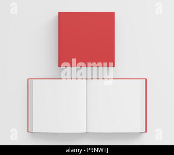 Offene und geschlossene leeres Quadrat Buch mit rotem Deckel auf weißem Hintergrund. Beschneidungspfad gehören um jedes Buch. 3D-Darstellung Stockfoto