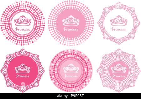 Vektor Prinzessin Schild mit Tiara auf Rahmen mit Locken rosa Hand gezeichnet. Stock Vektor