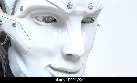 Männliche Roboter Gesicht auf dunklen digitalen Hintergrund. Künstliche Intelligenz in der virtuellen Realität. Bot Kopf Konzeption Closeup Portrait. 3D-Rendering Stockfoto