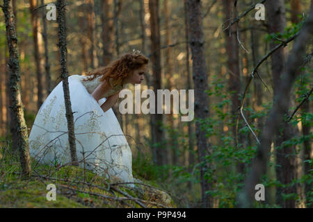 Kleine Prinzessin wallks in ein Abendkleid in einem Sommer Wald, Tageslicht Stockfoto