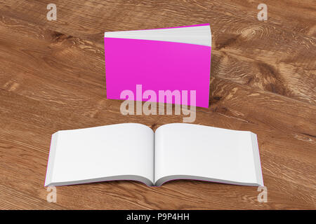 Leere Magenta Horizontal broschierte Bücher öffnen und auf Holz- Hintergrund. Mit Beschneidungspfad um jedes Buch isoliert. 3D-Darstellung Stockfoto