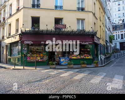 Lebensmittelgeschäft "Au marché de la Butte" in Montmartre, die berühmten erhielt, weil als für "Die fabelhafte Welt der Amélie Poulain' ('Maiso gerufen Stockfoto