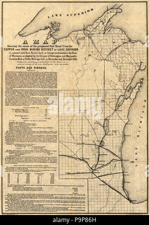 Eine Karte mit der Route der geplanten Bahn Straße aus dem Kupfer und Eisen Bergbaugebiet von Lake Superior mit Rail Straßen gebaut oder im Staat Wisconsin konstruiert als angenommen zu verbinden Stockfoto