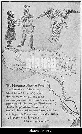 "Eine armenische Ansicht der Bagdadbahn", ca. 1915. Die Abbildung zeigt Kaiser Wilhelm II erfolgversprechende militärische und politische Unterstützung für das Osmanische Reich in seiner Verfolgungen der Armenier, im Gegenzug für die osmanischen Zusammenarbeit im Gebäude des Berlin-Baghdad Eisenbahn. Die Bahn wurde finanziert und vom Deutschen Reich gebaut Berlin mit dem Osmanischen Reich Stadt Bagdad mit einer Eisenbahnlinie durch Was nun sind die Türkei, Syrien und Irak, zu verknüpfen. Das Projekt wurde nie vollständig abgeschlossen und die Linie schließlich lief nördlich von Basra, im heutigen Irak, soweit Konya in der heutigen Türkei. ( Stockfoto