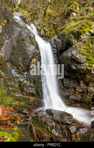 Unscharfe lange Belichtung Foto am Fluss unterhalb des Boyanski Wasserfall, dem Fluss in der Nähe von Boyana, Sofia, Bulgarien im Herbst, kalten Herbsttag Stockfoto
