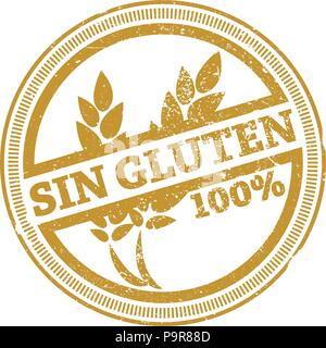 Golden grunge 100% glutenfrei Gummistempel mit spanischen Worte sin gluten Vector Illustration Stock Vektor