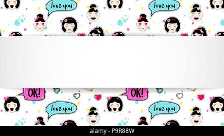 Mädchen Banner mit Anime emoji Muster. Süße Aufkleber mit emotico Stock Vektor