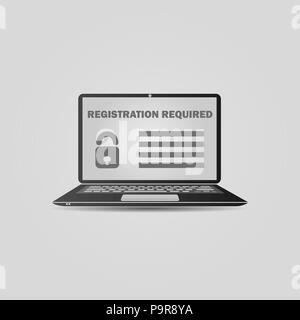 Laptop mit einer Formularvorlage Bildschirm für die Registrierung. Realistische offen Laptop mit Aluminiumgehäuse in Weiß. Moderne glänzend Laptop. Vector Illustration. Stock Vektor