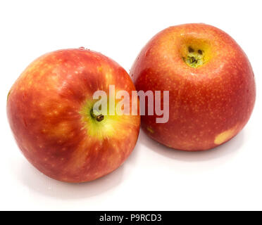 Zwei ganze rote Kanzi Äpfel auf weißem Hintergrund Stockfoto