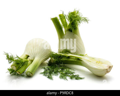 Frische Florenz Fenchel auf weißem Hintergrund zwei Glühlampen frischen Zweig und eine Hälfte isoliert Stockfoto