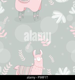 Nahtlose Muster mit Lama im Comic-stil. Hand Vector Illustration gezeichnet. Elemente für die Grußkarte, Poster, Banner. T-Shirt, Notebook und Aufkleber Design. Stock Vektor