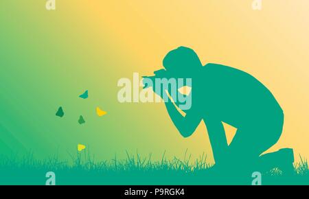 Realistische Abbildung eines jungen Mannes fotografieren fliegende Schmetterlinge im Rasen - Vektor Stock Vektor