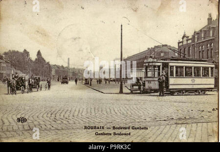 . Français: Carte postale Ancienne éditée par ELD: Roubaix - Boulevard Gambetta Vue en gros plan d'un Tram électrique, motrice n° 25. Vor dem 1. Januar 1919 613 ELD - TOURCOING - Boulevard Gambetta Stockfoto