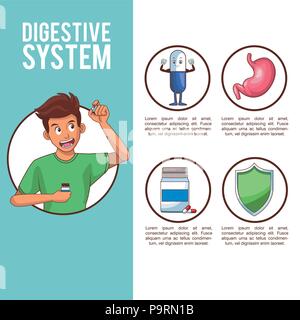 Verdauungssystem und junger Mann mit runde Symbole Vector Illustration graphic design Stock Vektor