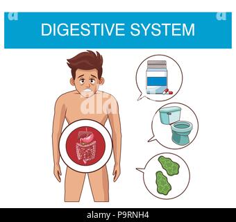 Verdauungssystem und junger Mann mit runde Symbole Vector Illustration graphic design Stock Vektor
