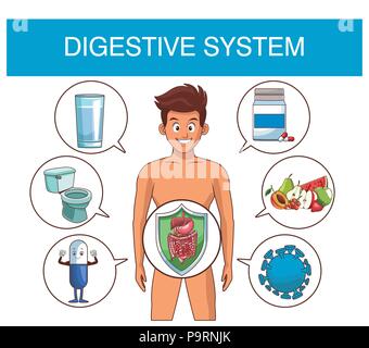 Verdauungssystem und junger Mann mit runde Symbole Vector Illustration graphic design Stock Vektor