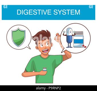 Verdauungssystem und junger Mann mit runde Symbole Vector Illustration graphic design Stock Vektor