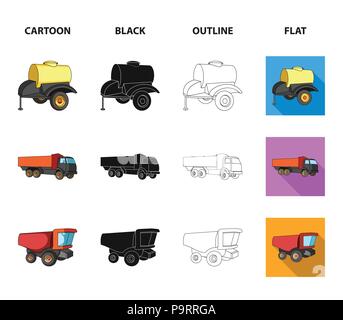 Anhänger mit einem Faß, Lkw und andere landwirtschaftliche Geräte. Landwirtschaftliche Maschinen ein Sammlung Icons im Cartoon, schwarz, Outline, flacher Stil Vektor sy Stock Vektor