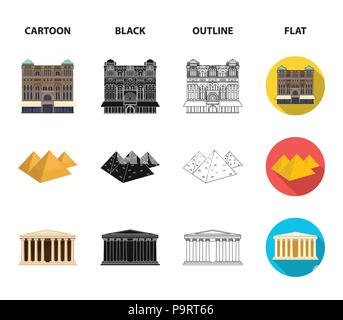 Sehenswürdigkeiten in verschiedenen Ländern Cartoon, schwarz, Outline, Flachbild Symbole im Set Sammlung für Design. Berühmte Gebäude vektor Symbol lieferbar Abbildung. Stock Vektor