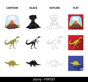 Vulkanausbruch, gallimimus, Stegosaurus, Dinosaurier Schädel. Dinosaurier und prähistorischen Periode set Sammlung Icons im Cartoon, schwarz, Outline, flacher Stil ve Stock Vektor