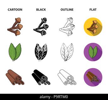 Nelken, Lorbeer, Muskatnuss, Zimt. Kräuter und Gewürze set Sammlung Icons im Cartoon, schwarz, Outline, flacher Stil vektor Symbol lieferbar Abbildung: Flach. Stock Vektor