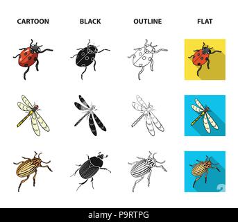 Gliederfüßer Insekten Marienkäfer, Libelle, Käfer, Colorado Käfer Insekten set Sammlung Icons im Cartoon, schwarz, Outline, flacher Stil vektor Symbol lieferbar ist Stock Vektor