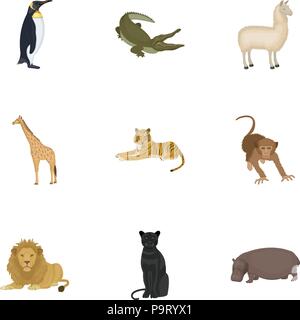 Strauß emu, Krokodil, Giraffe, Tiger, Pinguin und anderen wilden Tieren. Artiodactyla, säugetiere Raubtiere und Tiere Sammlung Icons in Cartoon Stock Vektor