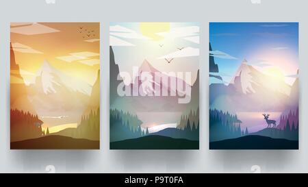 Berge Landschaft in anderen Tageszeit-Vector Illustration Stock Vektor