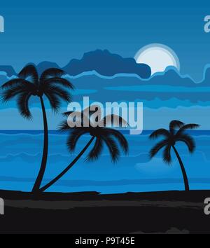 Vector Illustration Nacht Sommer Strand mit Palmen, Nacht, Landschaft mit Mond Stock Vektor