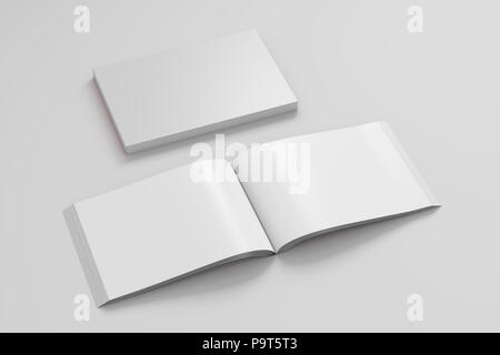 Leere weiße Landschaft soft cover Buch mit Hochglanzpapier auf weißem Hintergrund. Offen und Geschlossen, mit Beschneidungspfad um jedes Buch isoliert. 3d-illustr Stockfoto