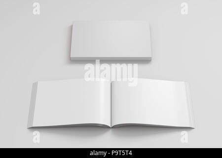 Leere weiße Landschaft soft cover Buch mit Hochglanzpapier auf weißem Hintergrund. Offen und Geschlossen, mit Beschneidungspfad um jedes Buch isoliert. 3d-illustr Stockfoto