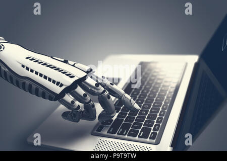 Futuristische Roboter Hand tippen und Arbeiten mit Laptop Tastatur. Mechanischer Arm mit Computer. 3D-Render auf weißem Hintergrund Stockfoto