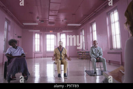 Glas 2019 Touchstone Pictures Film mit Von links: Samuel L. Jackson, James McAvoy, Bruce Willis Stockfoto