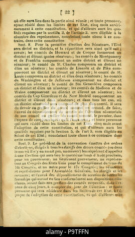 346 Verfassung de L'Etat du Missouri. 1820. S. 22. Übersetzt von F.M. Guyol, gedruckt von Joseph Charless Stockfoto