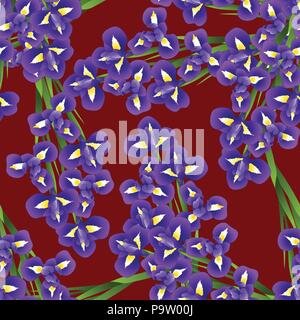 Dunkel Blau Lila Iris Blume auf roten Hintergrund. Vector Illustration. Stock Vektor
