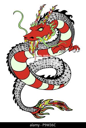 Drachen, dekorative Hand zeichnen, Drucken, Tattoo Sketch, Aufkleber. Bunte gezeichnet Schlange mit Mustern und vielen detaillierten auf weißem Hintergrund. Vec Stock Vektor