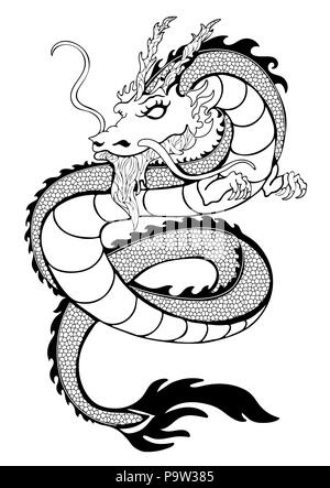 Dragon Färbung, dekorative Outline schwarz-weiß Zeichnungen, Drucken, Tattoo Sketch, Silhouette. Handzeichnung Schlange mit Mustern und vielen detaillierten isol Stock Vektor