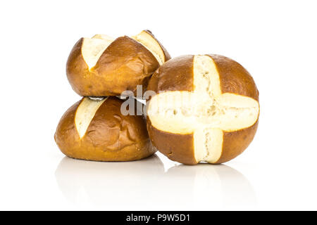 Bayerischen Brötchen auf weißem Hintergrund drei frisch gebackenen Brote isoliert Stockfoto