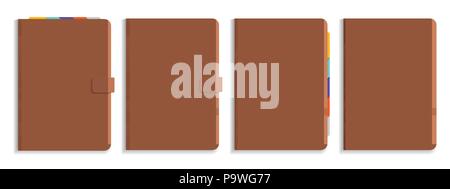 Satz von Vektorgrafiken aus braunem Leder Tagebuch mit bunten Lesezeichen, auf weißem Hintergrund Stock Vektor