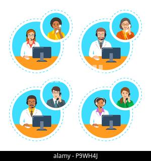 Medizinische Call Center Support Betreiber. Ärzte mit Headsets sprechen durch Telefon mit Patienten. Vektor Cartoon Illustration. Customer Care Service online. W Stock Vektor