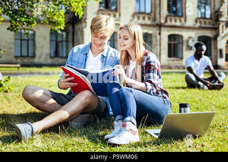 Gutes Wetter. Charmante Frau sitzt im Gras und das Lächeln auf ihrem Gesicht während der Projektarbeit Stockfoto