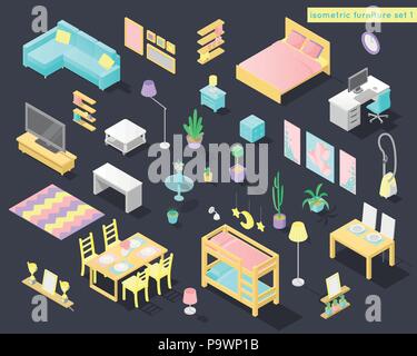 Vektor große Low Poly isometrische Möbel und Dekoration für Haus - Wohnzimmer, Schlafzimmer, Kinderzimmer und andere in Pastellfarben Stock Vektor