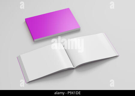 Leere magenta Landschaft soft cover Buch mit Hochglanzpapier auf weißem Hintergrund. Offen und Geschlossen, mit Beschneidungspfad um jedes Buch isoliert. 3d-Illus Stockfoto