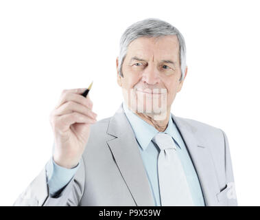 Unternehmer, die im Alter, schreibt in der Luft. Auf einem weißen Hintergrund. Stockfoto