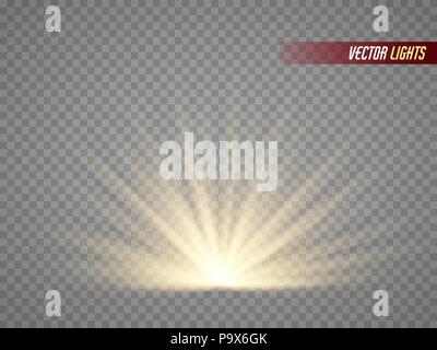 Strahlen des Lichts. Warmes Licht Effekt. Sonnenstrahlen auf transparentem Hintergrund isoliert. Stock Vektor