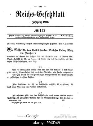 466 Deutsches Reichsgesetzblatt 1916 143 0599 Stockfoto